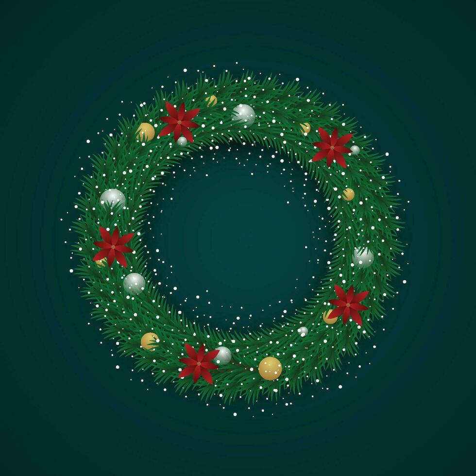 Realistic Christmas green wreath with white and golden balls with snow and red flowers. vector