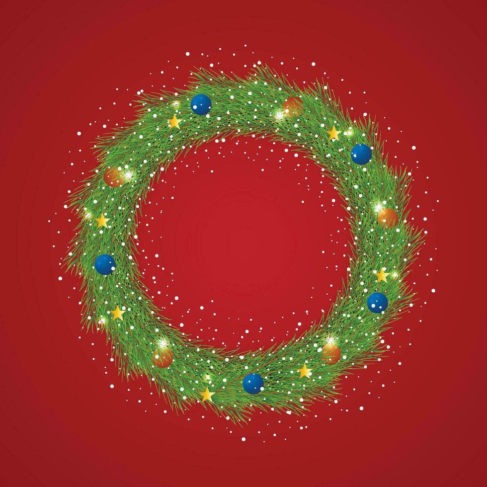 Realistic Christmas green wreath with blue and red balls with snow and a red background with golden stars and lite. vector