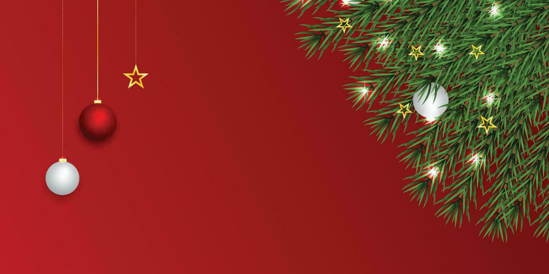 Realistic Christmas green leaf banner with red and white balls with lights and golden stars with red background. vector