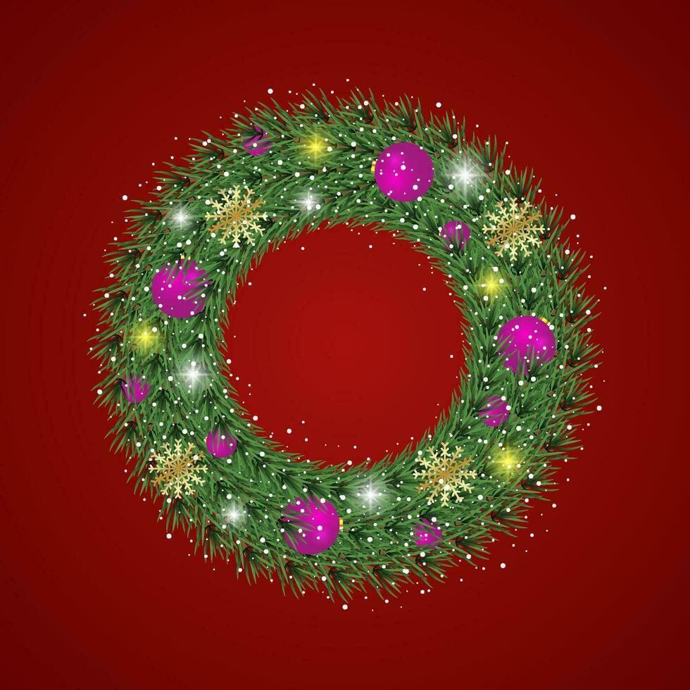 Merry Christmas black background with wreath and leaves and balls with snow vector