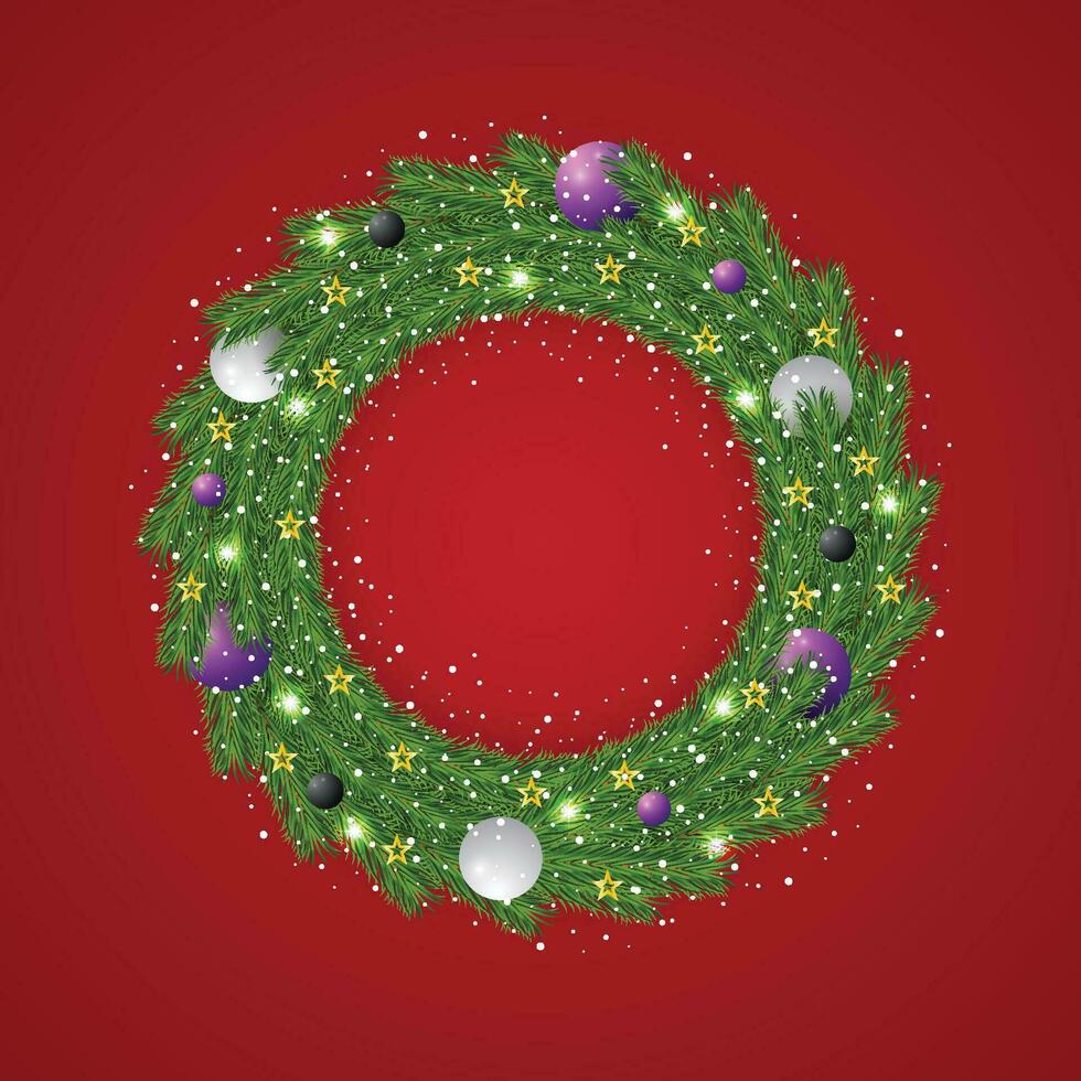 Realistic Christmas green wreath with blue and black with white balls and snow with a red background and lights with golden stars. vector
