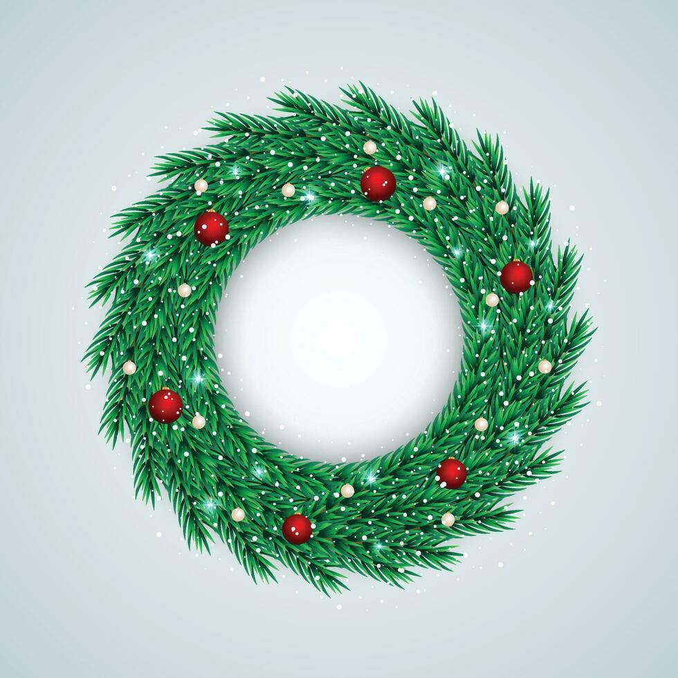Realistic Christmas wreath with brawn ball with snow and lights with white background vector