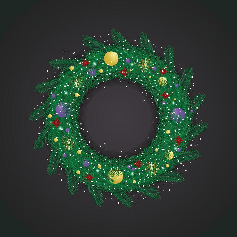 Realistic Christmas green wreath with blue and golden balls with snow and snowflakes with red flowers and lights. vector