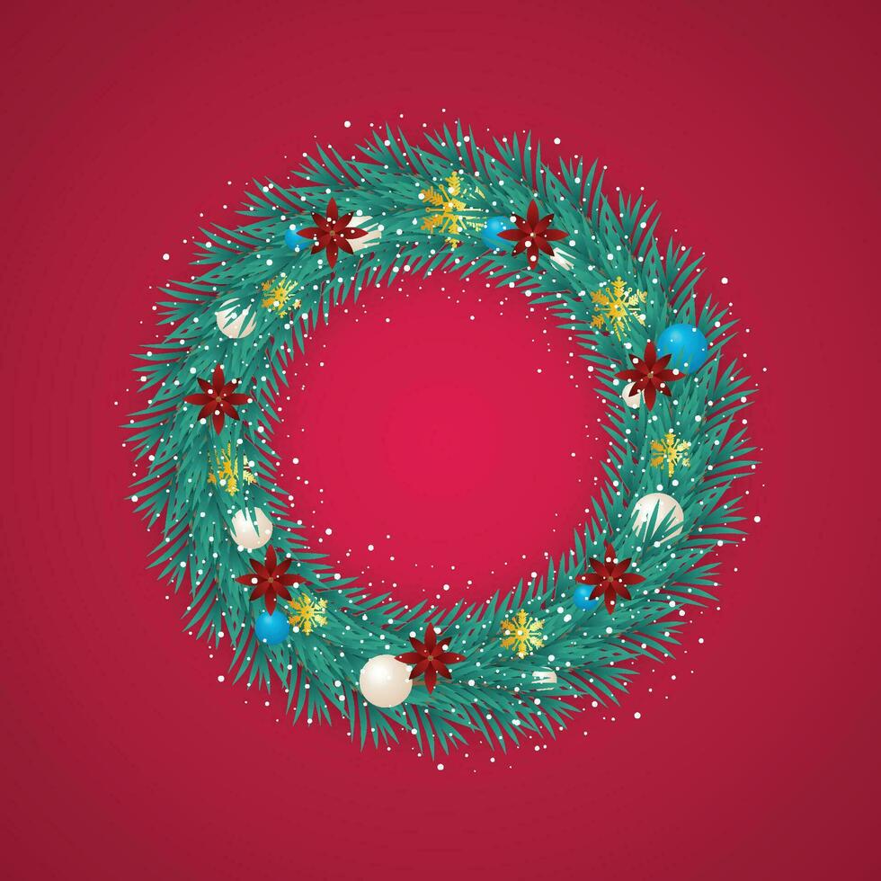 Realistic Christmas green wreath with white and blue balls with snow and a red background with red flowers and snowflakes. vector