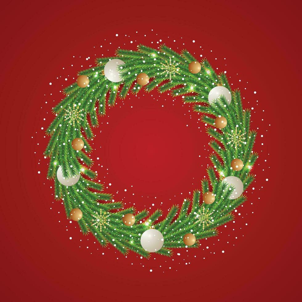 Christmas green wreath with green and white balls with Snow and light with Snowflake. vector