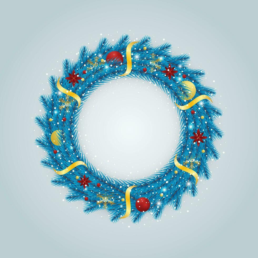 Realistic Christmas blue wreath with red and golden balls with snow and snowflakes with red flowers and lights with golden Ribbons. vector