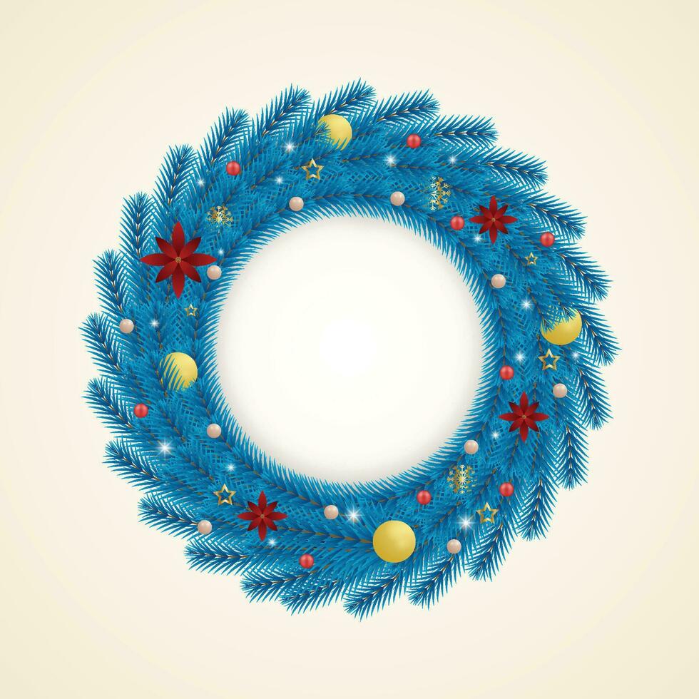 Realistic Christmas blue wreath with red and golden balls with snowflakes and lights with red flowers and golden stars. vector