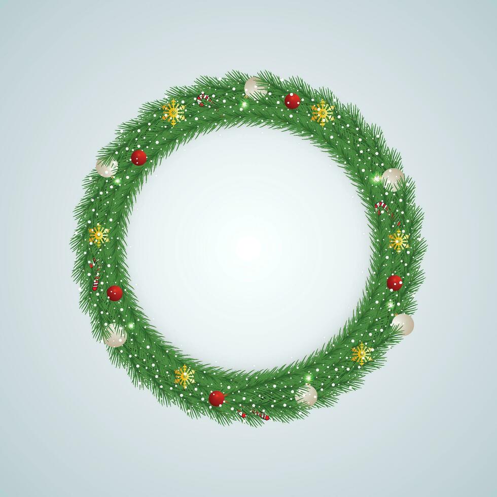 Realistic Christmas green wreath with white and red balls with Snow and Snowflake with light and candy. vector