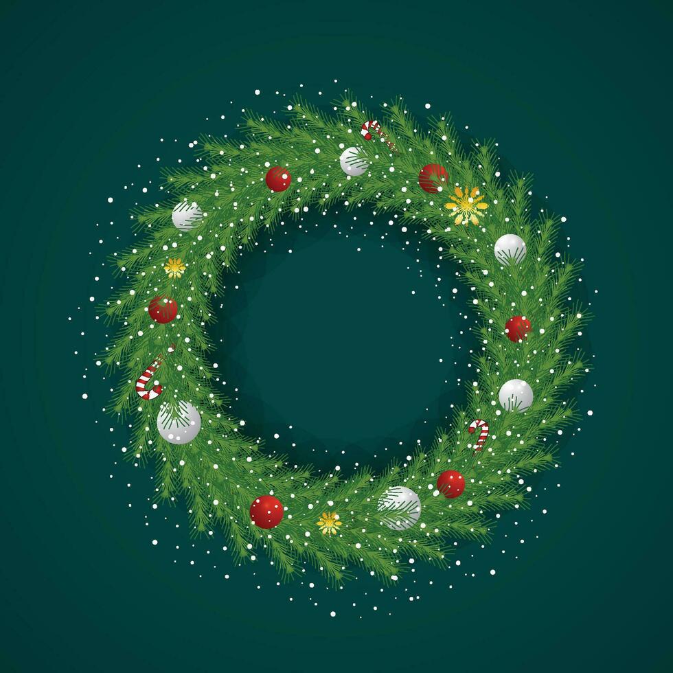 Realistic Christmas green wreath with red and white balls and snow with snowflakes and candies. vector