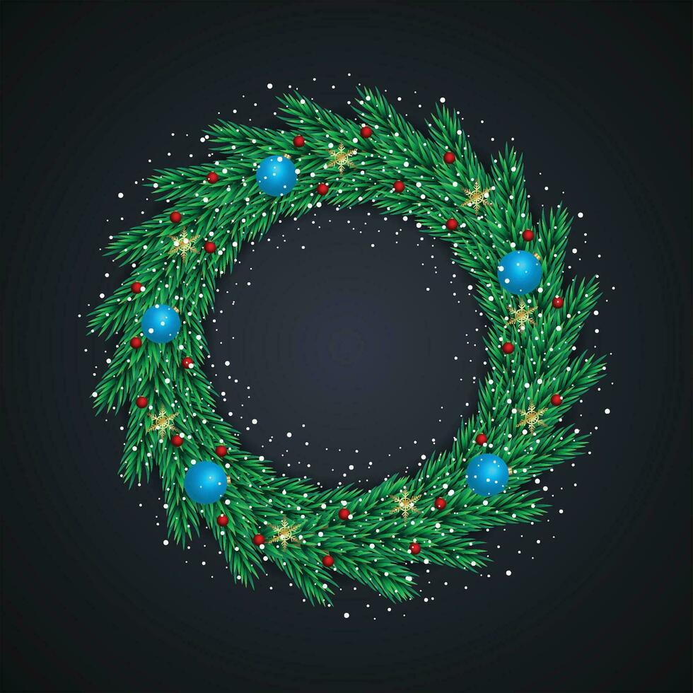 Realistic christmas wreath with blue ball with snows with balck background vector