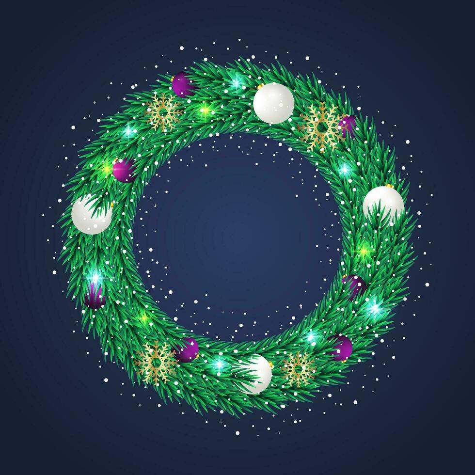 Merry Christmas wreath with green leaves and balls and stars with snow and light vector