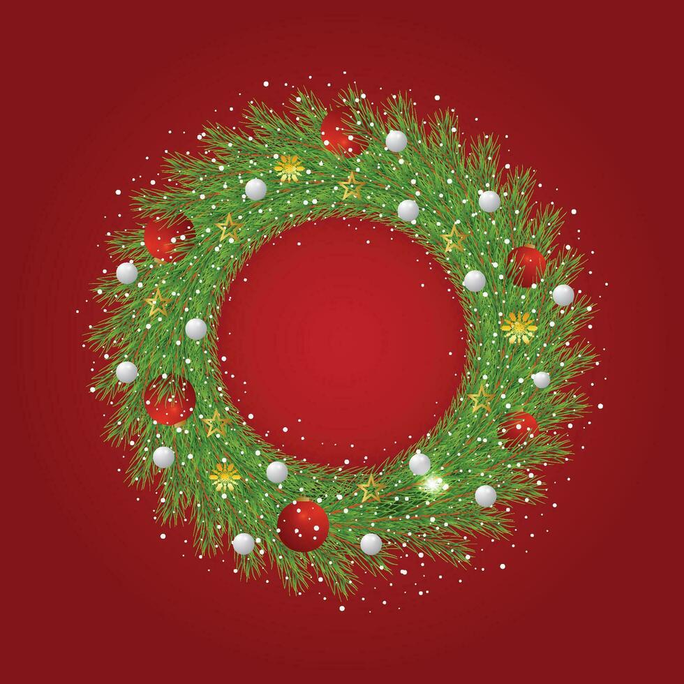 Realistic Christmas green wreath with white and red balls with snow and a red background with golden stars and light with snowflakes. vector