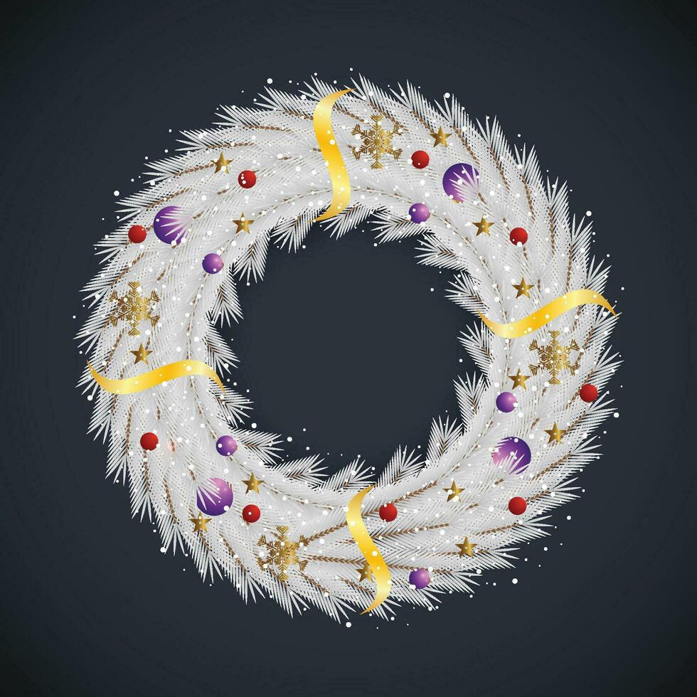 Christmas white wreath with balls and Snowflake and golden stars with Snow and light with ribbon. vector