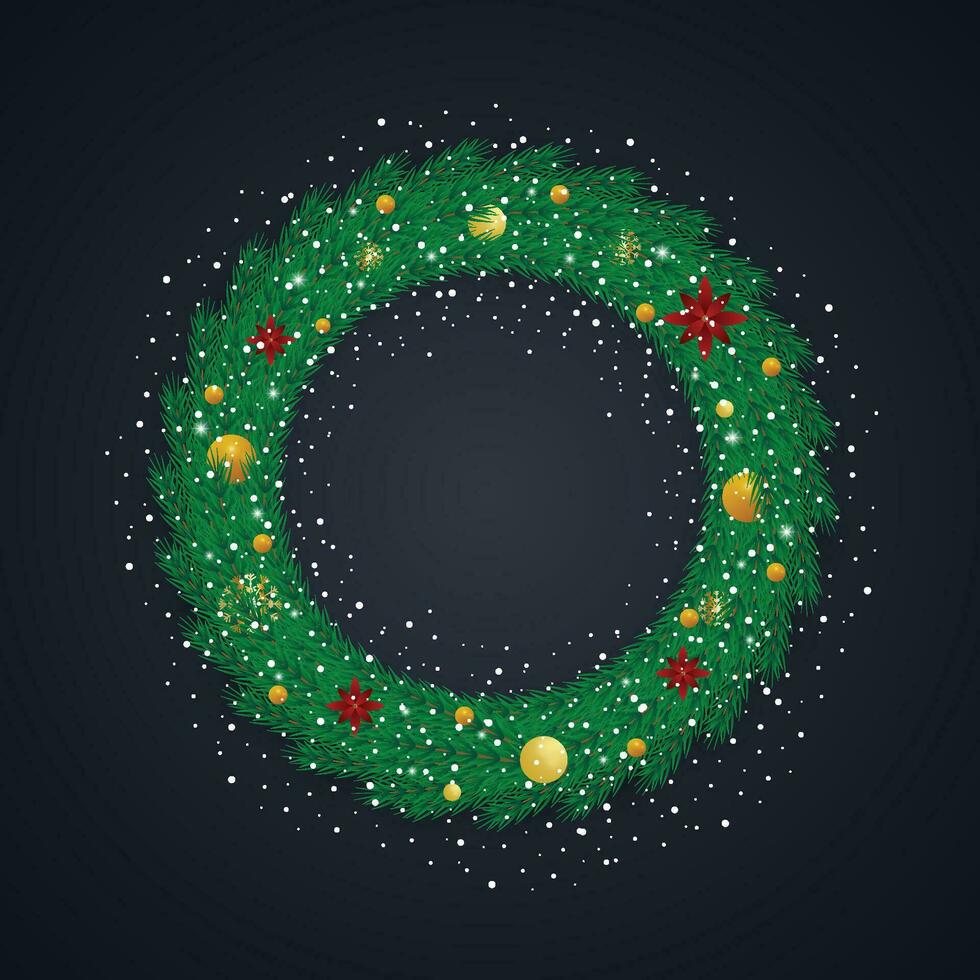 Realistic Christmas green wreath with golden balls and snow with snowflakes and lights. vector