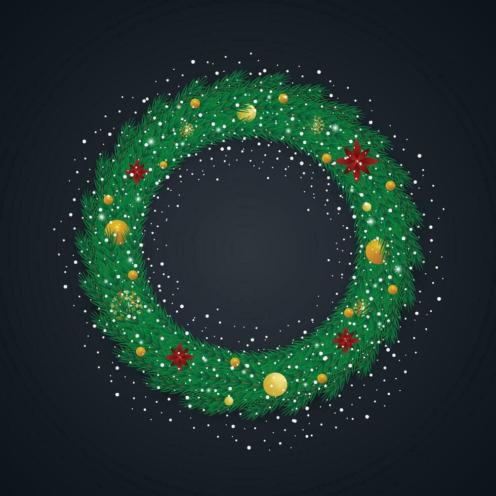 Realistic Christmas green wreath with golden balls and snow with snowflakes and lights. vector