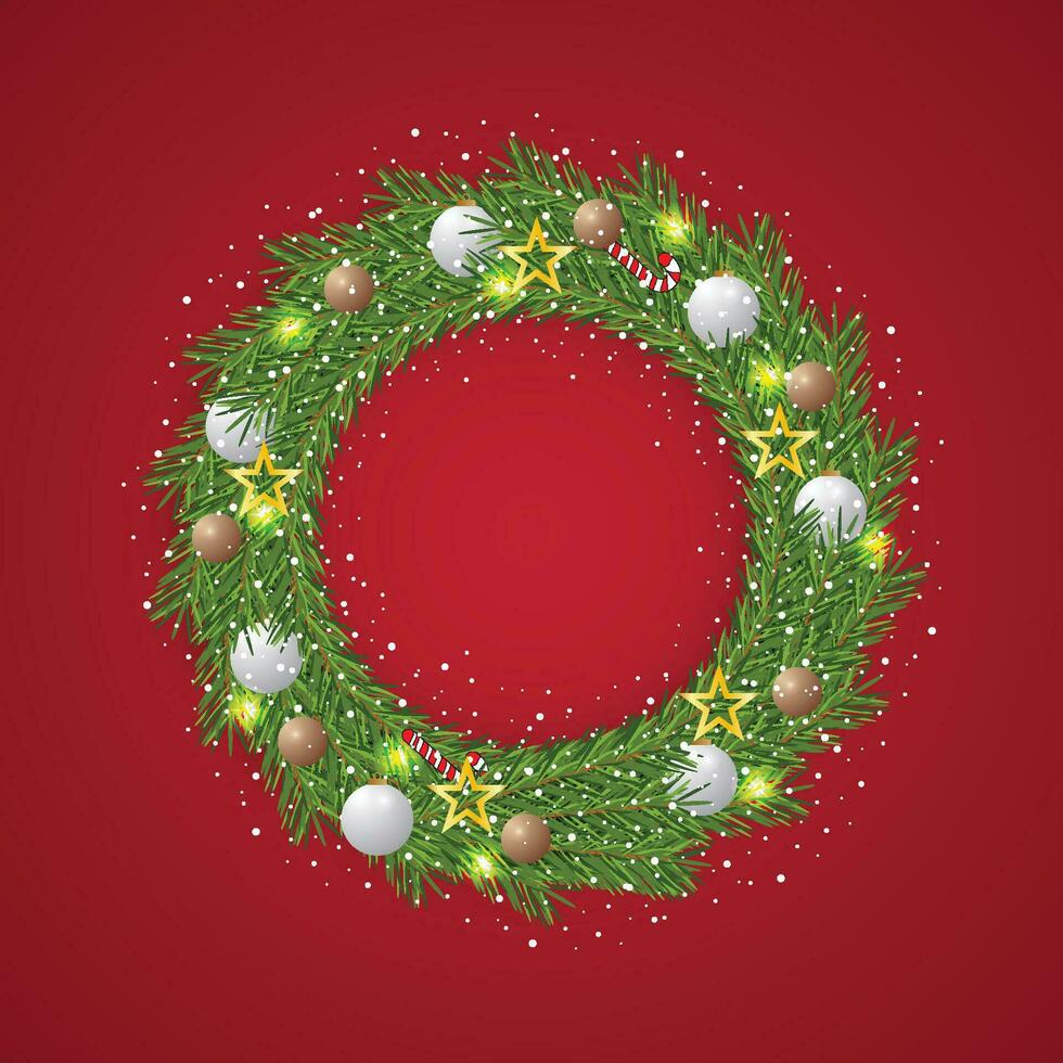 Realistic Christmas green wreath with white and golden balls with snow and a red background with golden lights and golden stars. vector