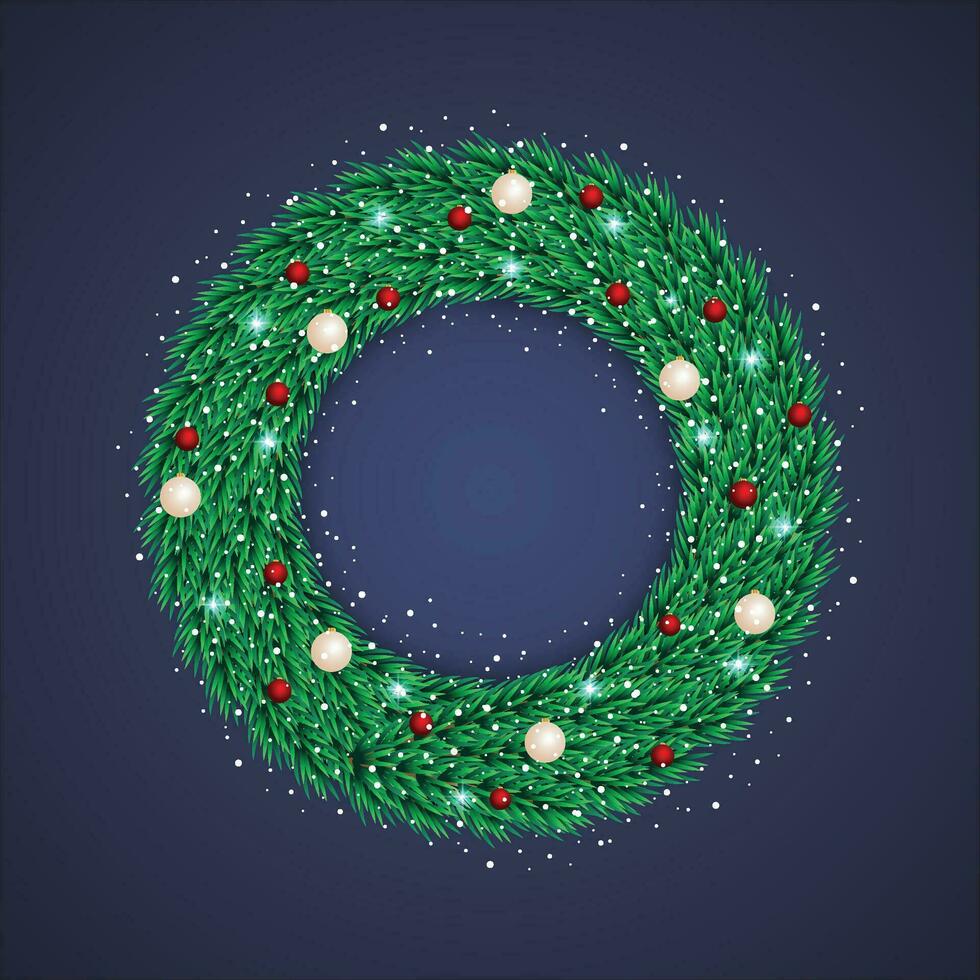 Realistic christmas wreath with ball with snow and lights vector