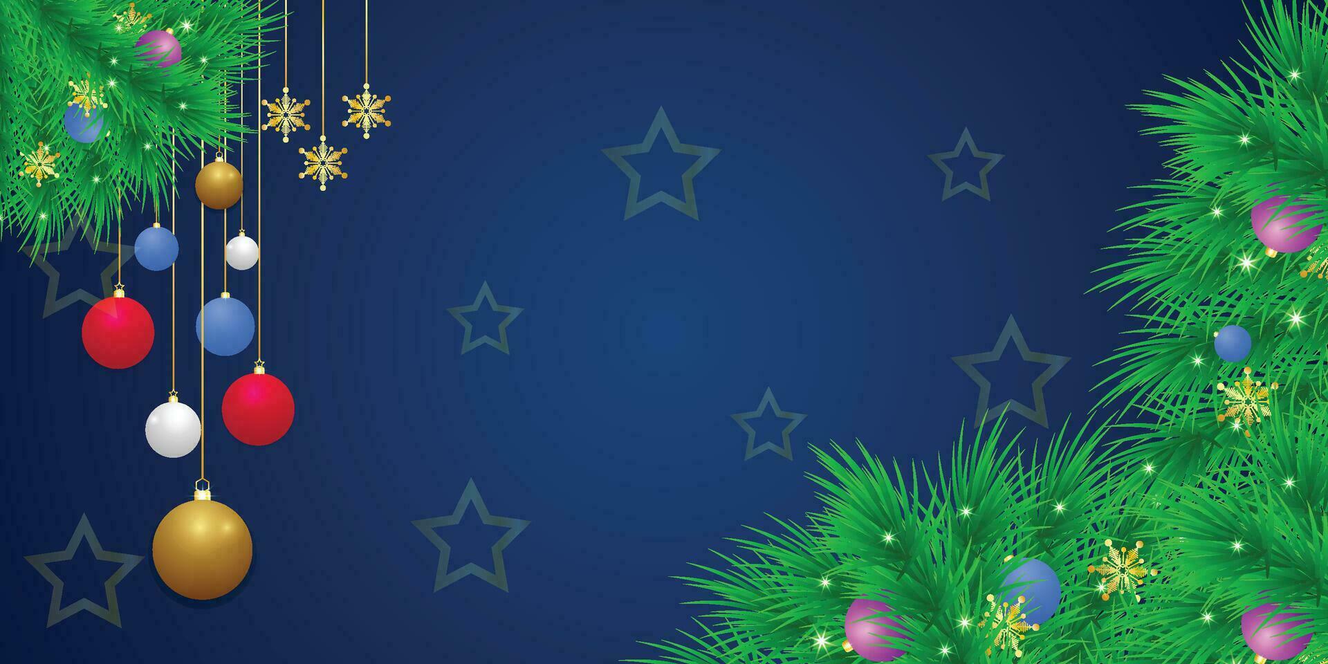 Realistic Christmas green leaf banner with red and white balls with lights and snowflakes with blue background. vector