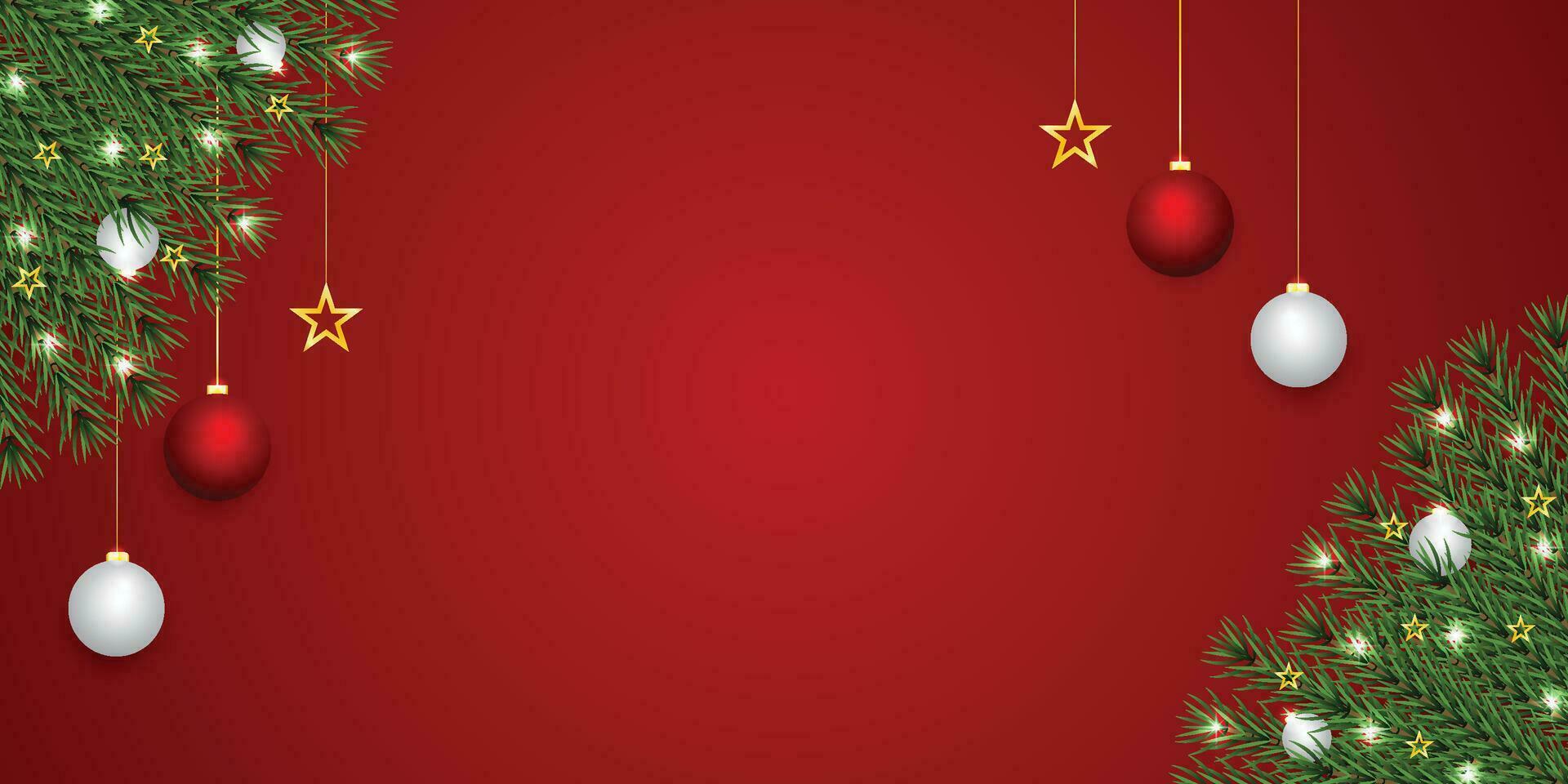 Realistic Christmas green leaf banner with red and white balls with lights and golden stars with red background. vector