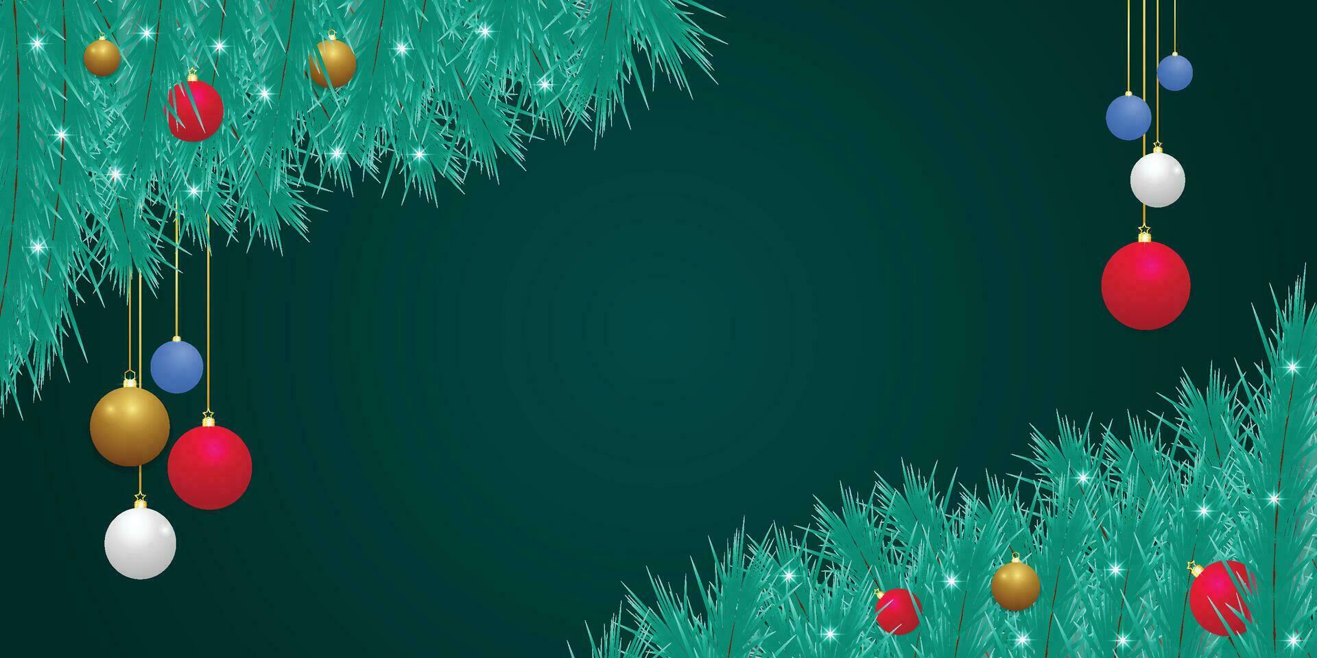 Realistic Christmas green leaf banner with red and white balls with lights and black blue background. vector