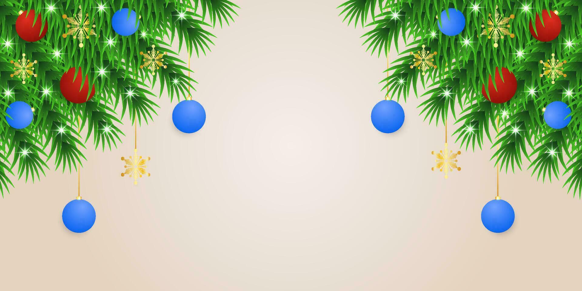 realista Navidad verde hoja bandera con azul y rojo pelotas con luces y copos de nieve. vector