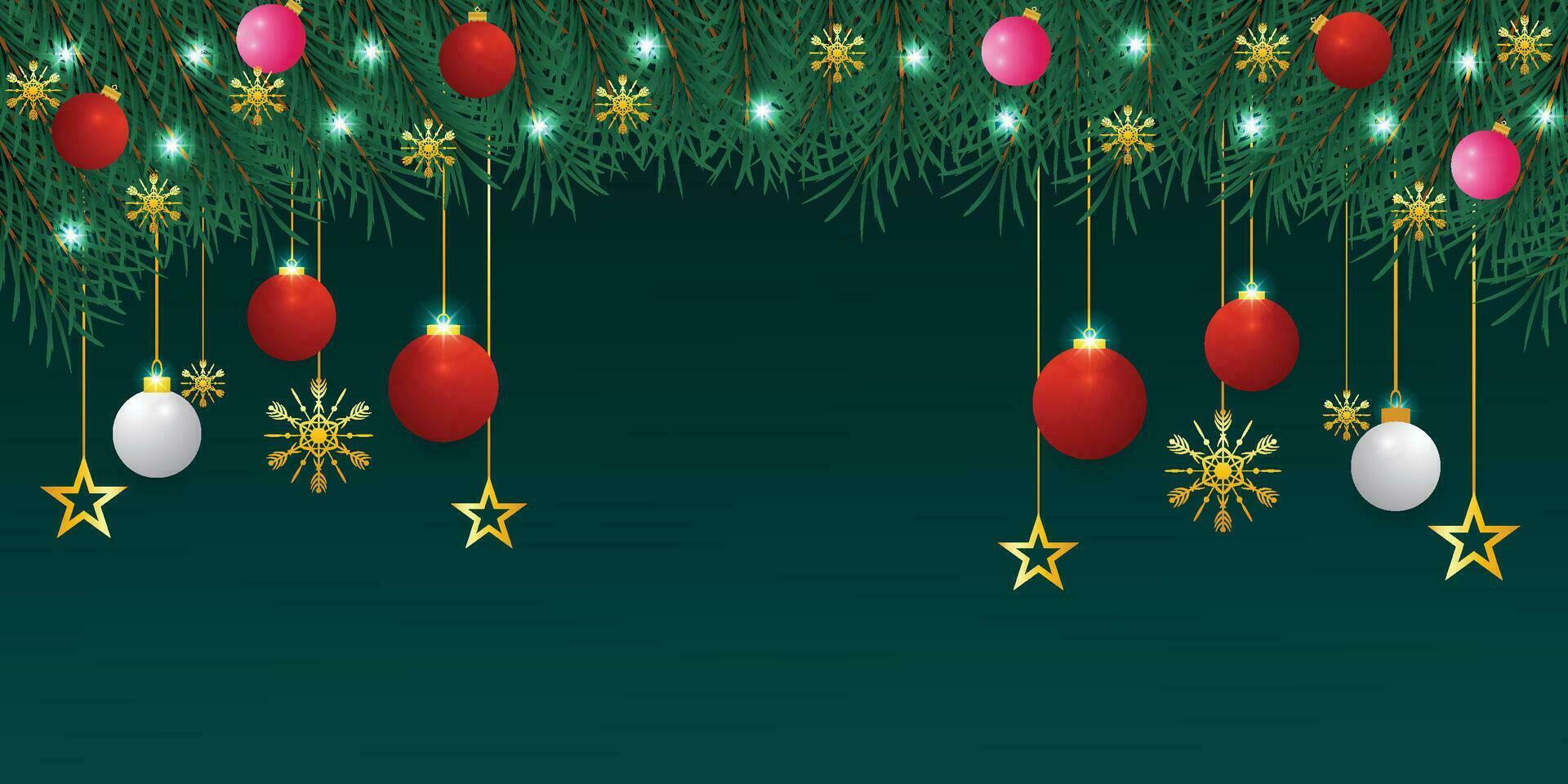 Realistic Christmas green leaf banner with red and white balls with lights and golden stars with snowflakes and a dark green background. vector