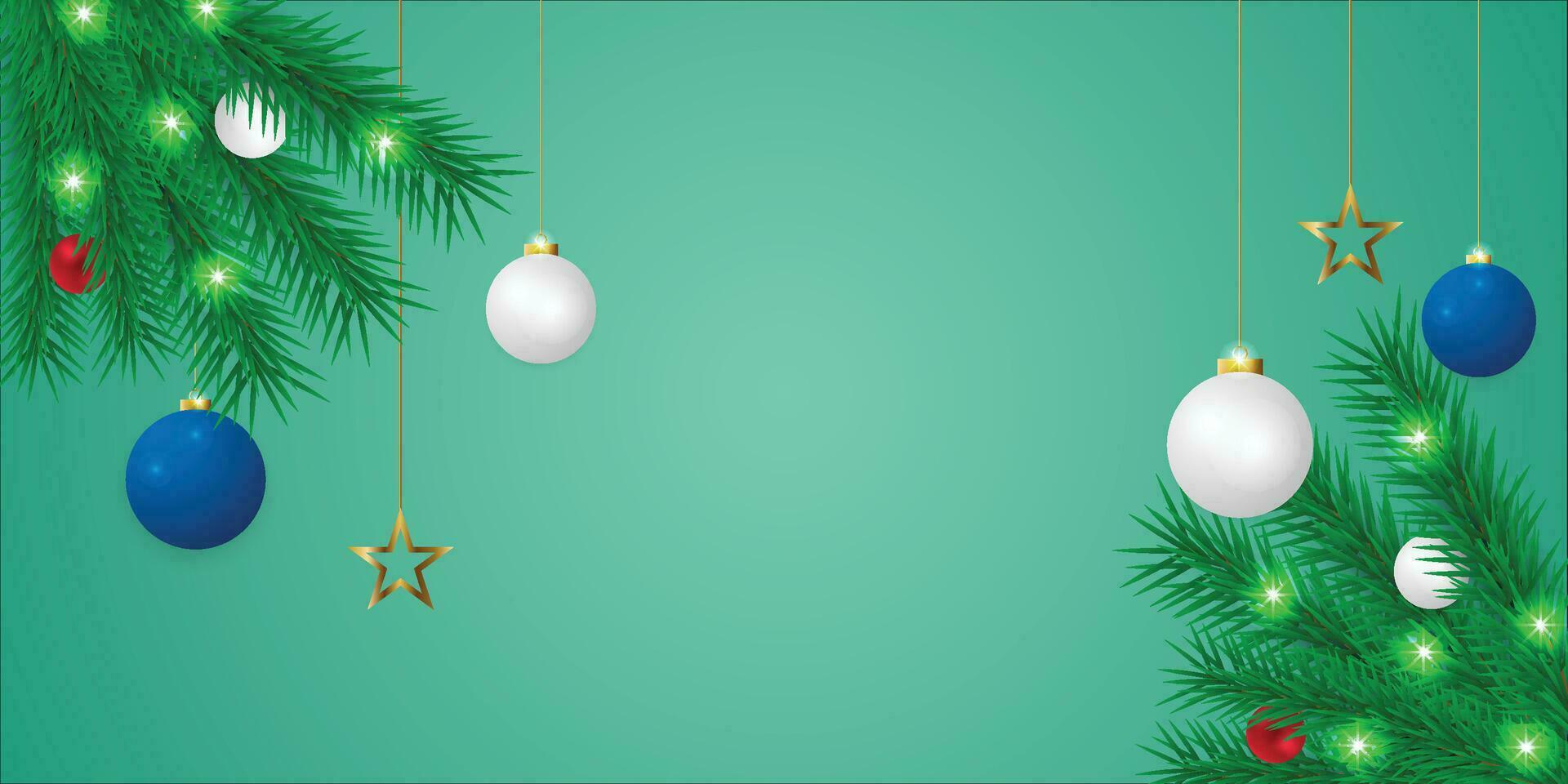 Realistic Christmas green leaf banner with blue and white balls with lights and golden stars. vector