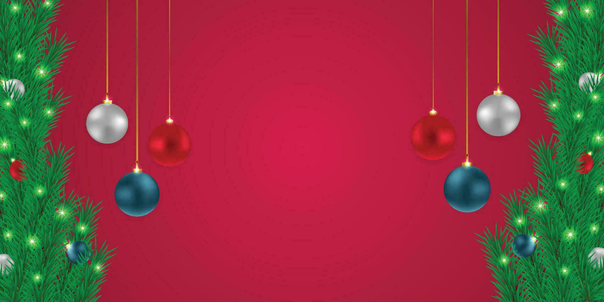 Realistic Christmas green leaf banner with red and white balls with lights and a red background. vector