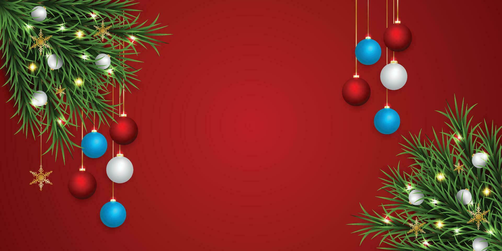 Realistic Christmas green leaf banner with blue and white balls with lights and a red background with snowflakes. vector