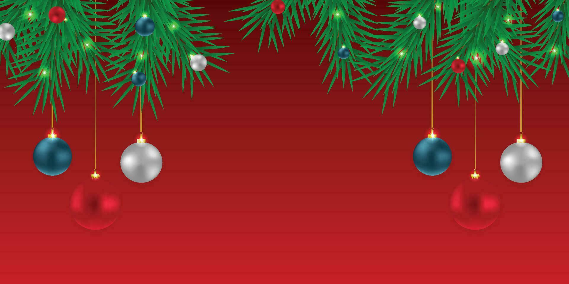 Realistic Christmas green leaf banner with red and white balls with lights and a red background. vector