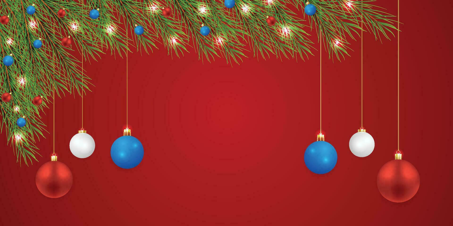 Realistic Christmas green leaf banner with blue and green with white balls with lights and a red background. vector