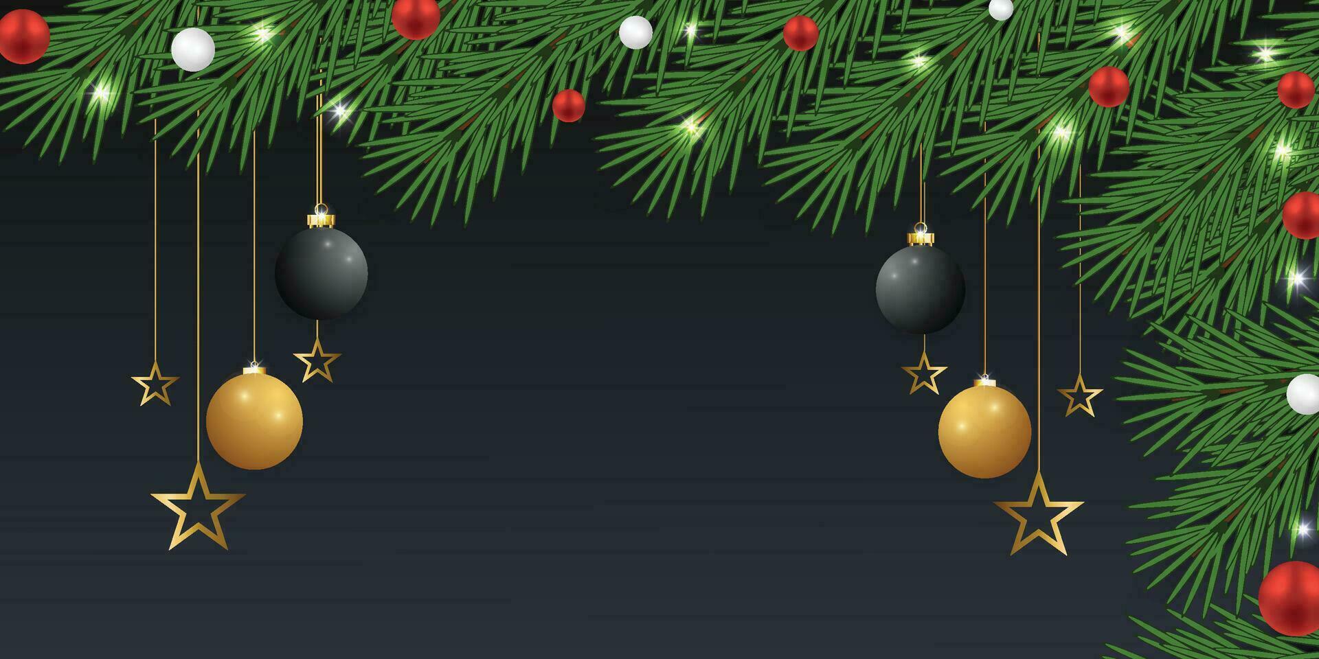 Realistic Christmas green leaf banner with golden and black-red balls with lights and golden stars with a back background. vector