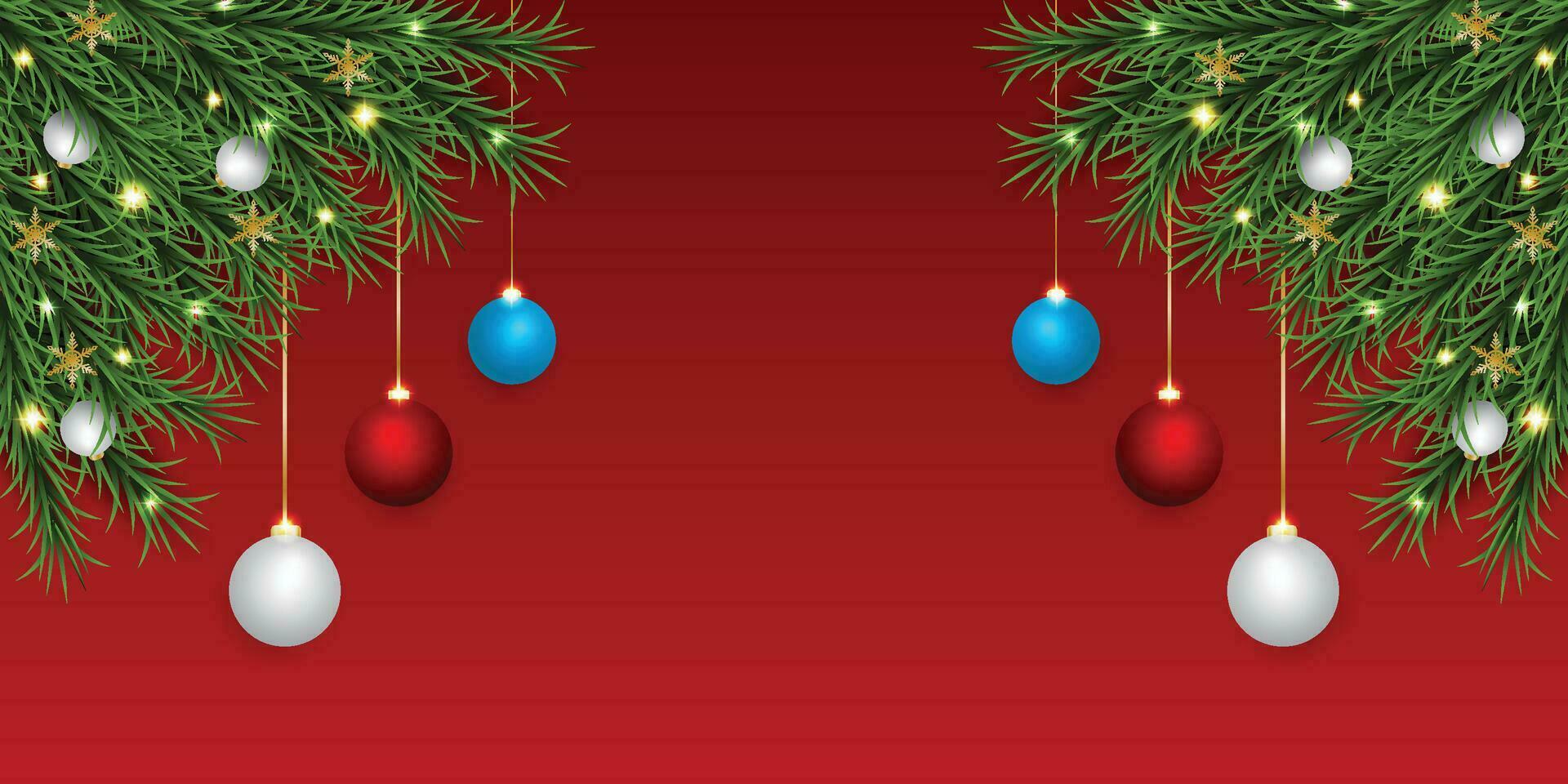 Christmas green leaf banner with red and white balls with lights and a red background. vector