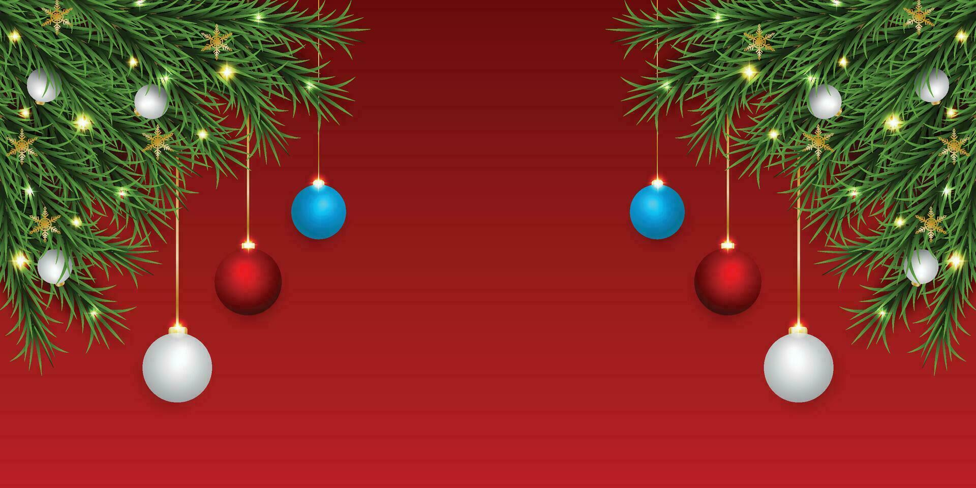 Christmas green leaf banner with red and white balls with lights and a red background. vector