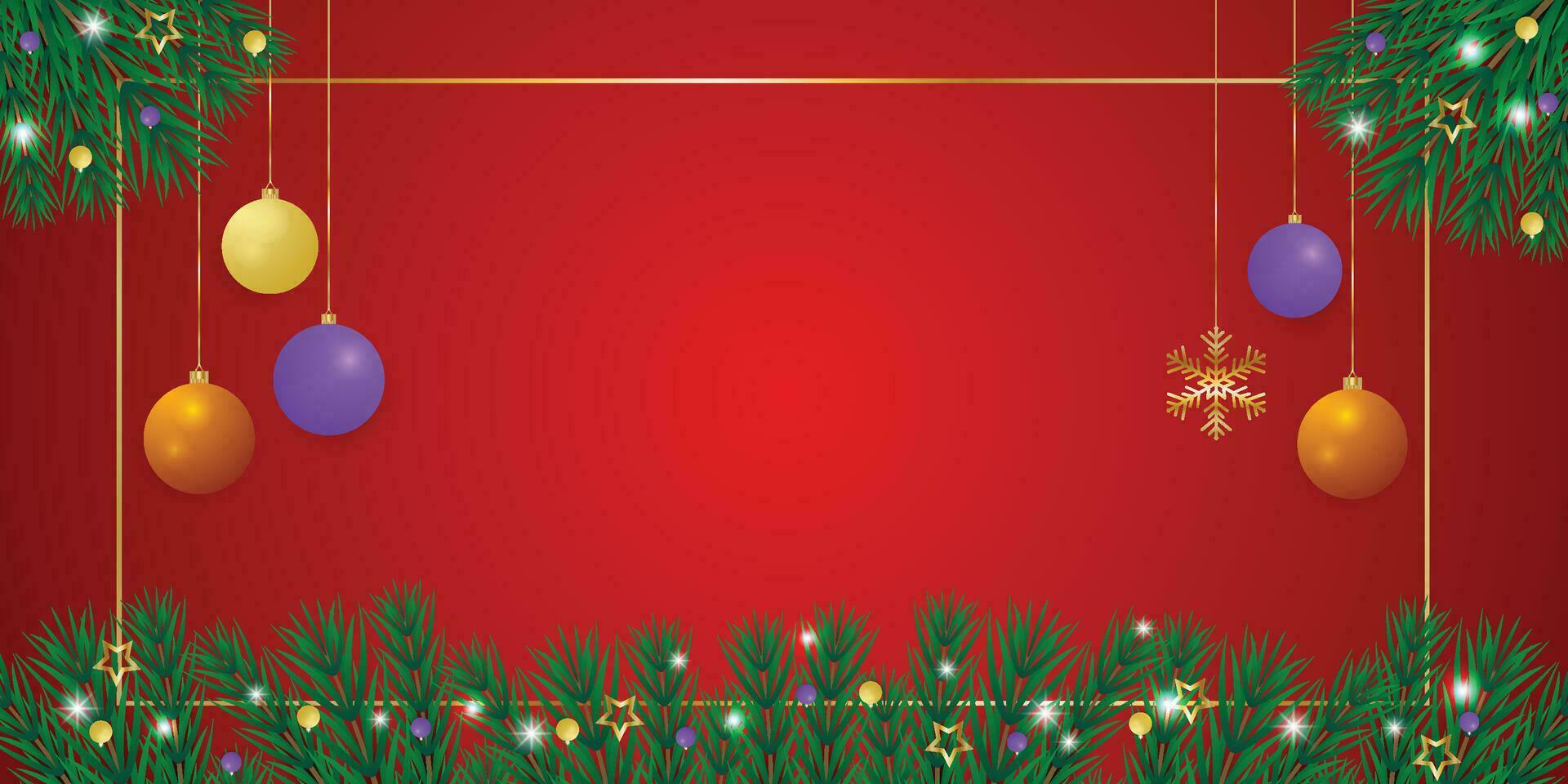 Realistic Christmas green leaf banner with blue and yellow balls with lights and golden stars with snowflakes and a red background. vector