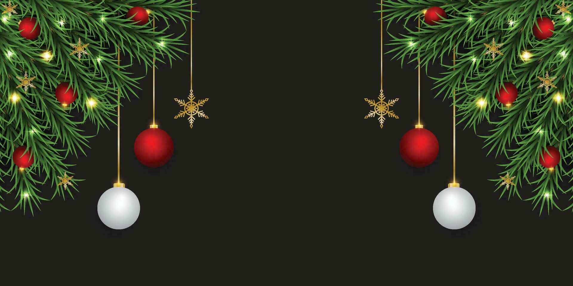 Christmas green leaf banner with red and white balls with lights and a black background. vector