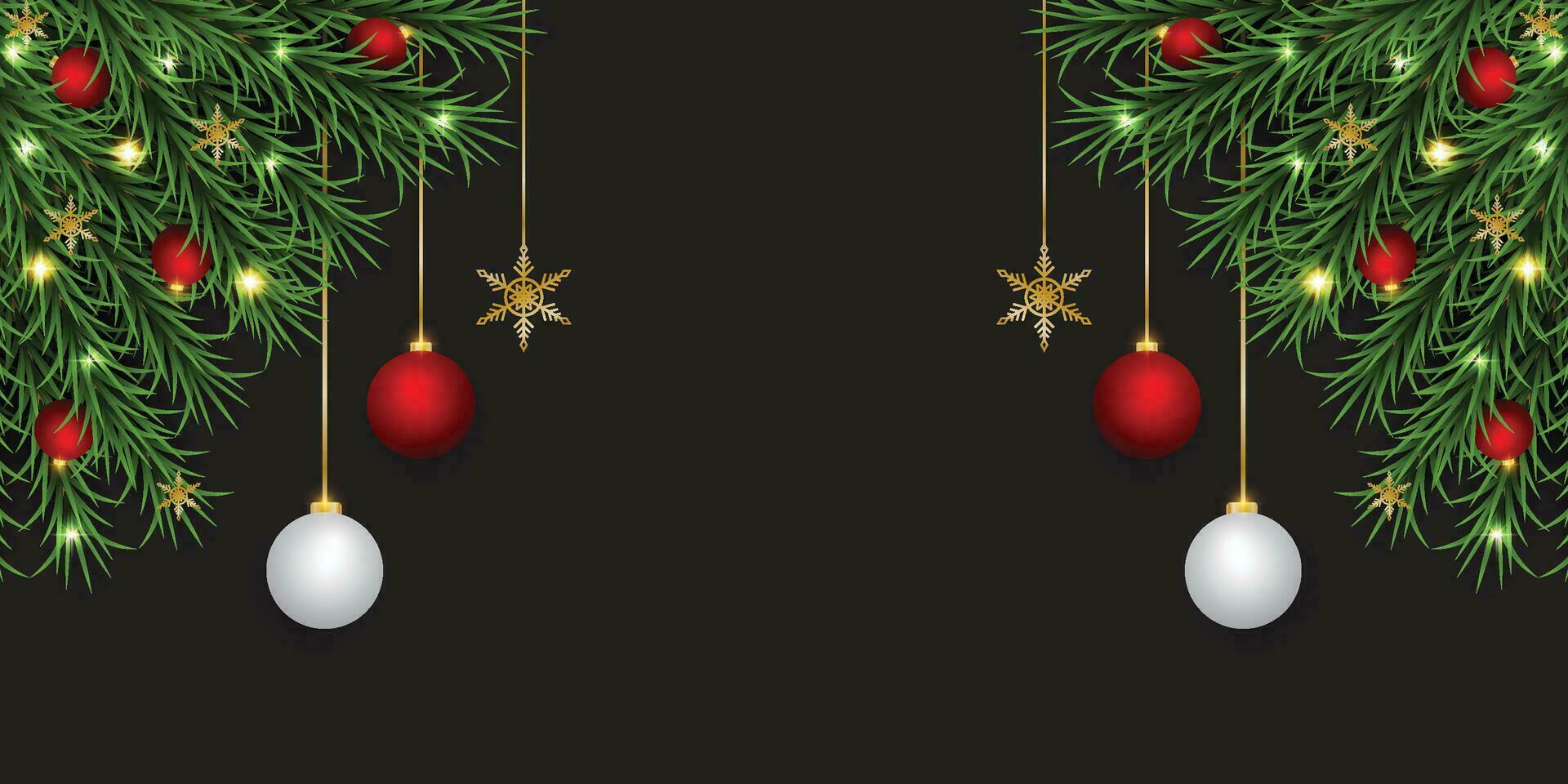 Christmas green leaf banner with red and white balls with lights and a black background. vector