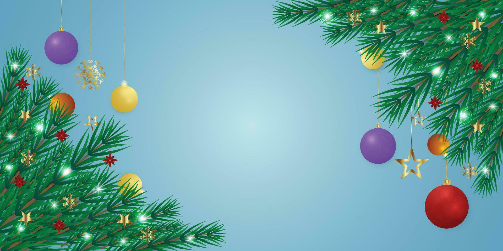 Realistic Christmas green leaf banner with blue and yellow balls with lights and golden stars with snowflakes and red flowers. vector