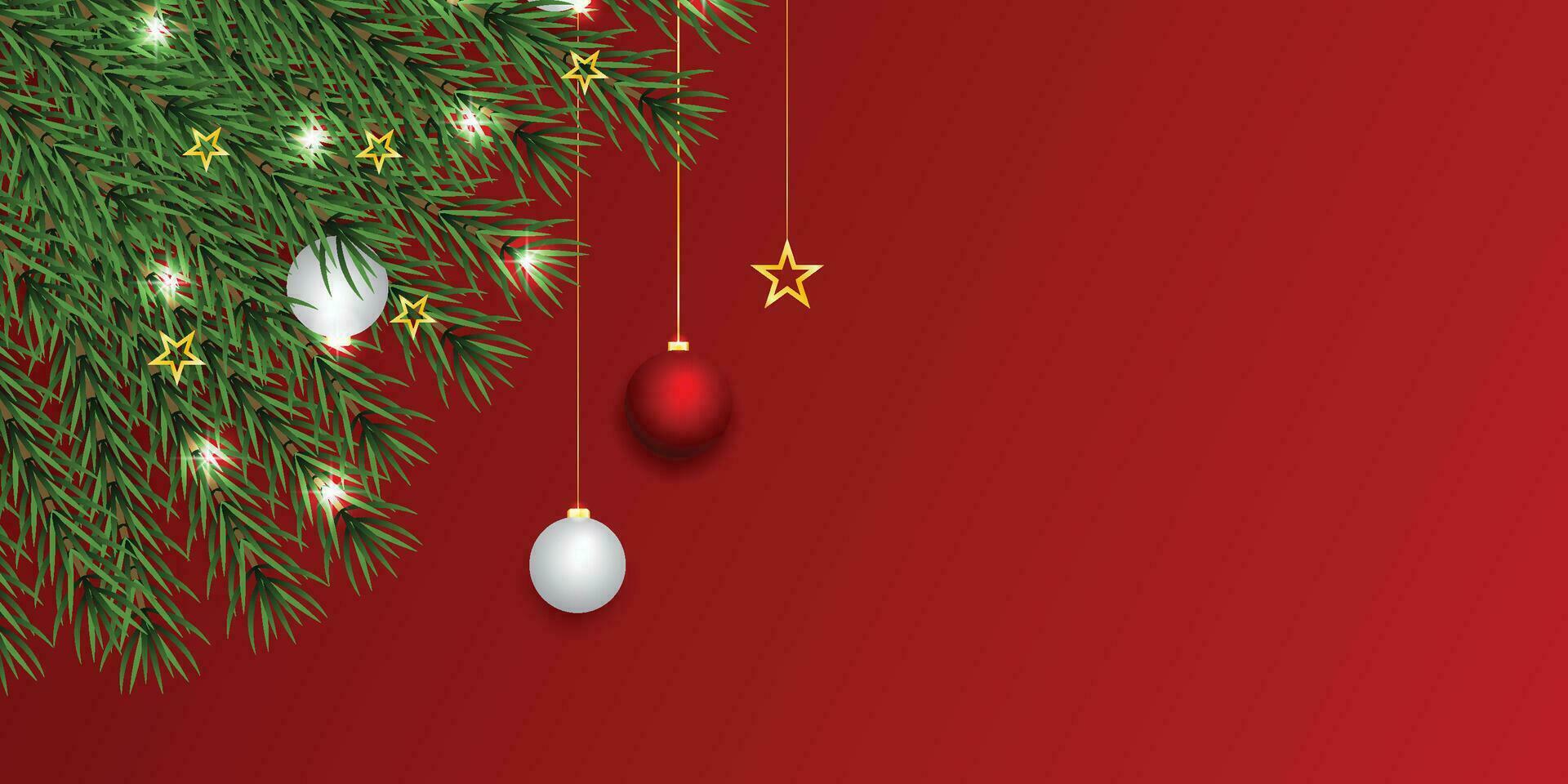 Realistic Christmas green leaf banner with red and white balls with lights and golden stars. vector