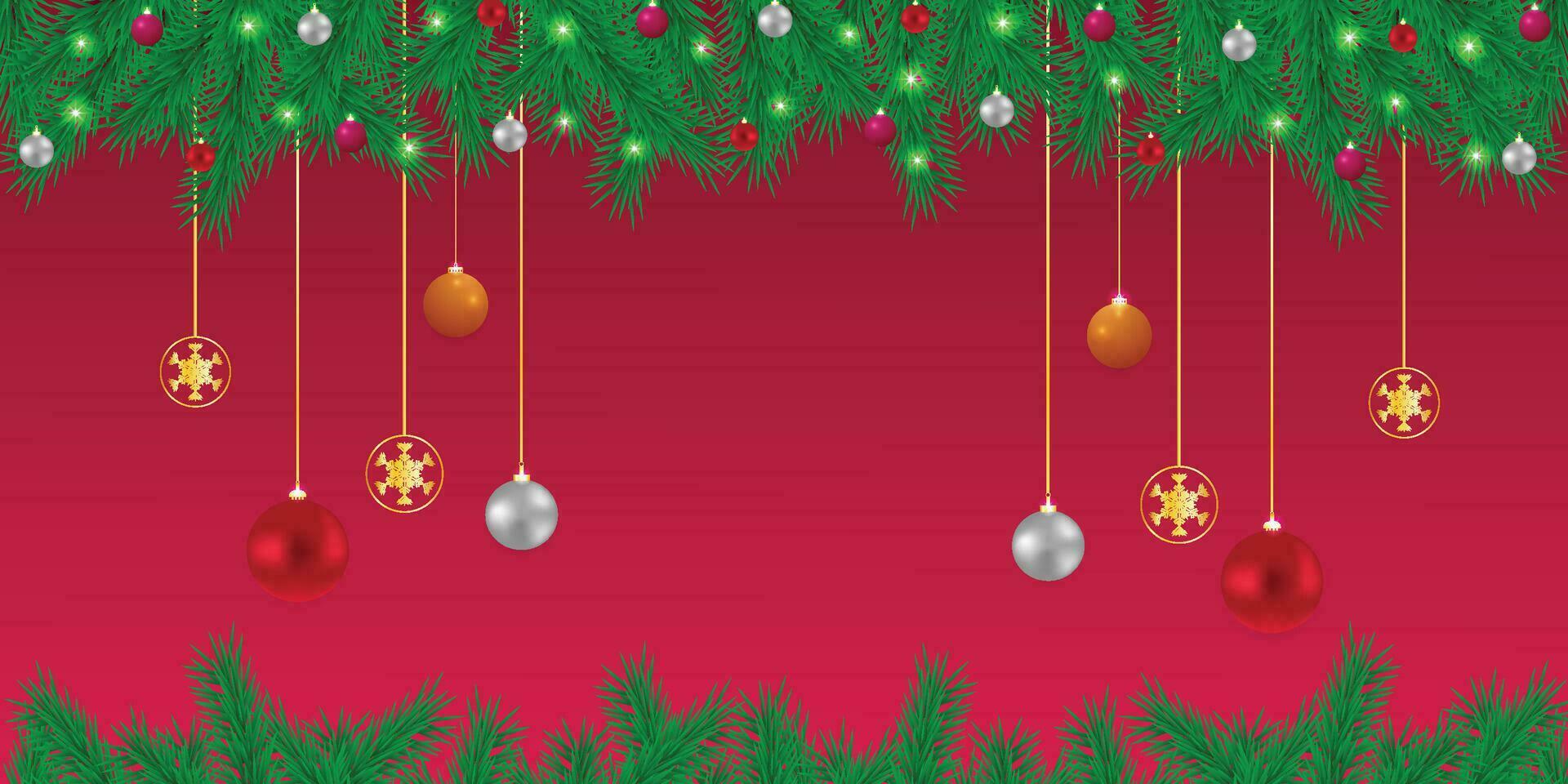 Realistic Christmas green leaf banner with golden and red balls with lights and a red background with snowflakes. vector