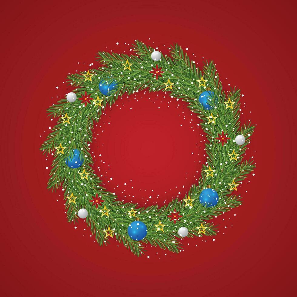 Realistic Christmas green wreath with blue and white balls with snow and a red background with golden stars and red flowers. vector