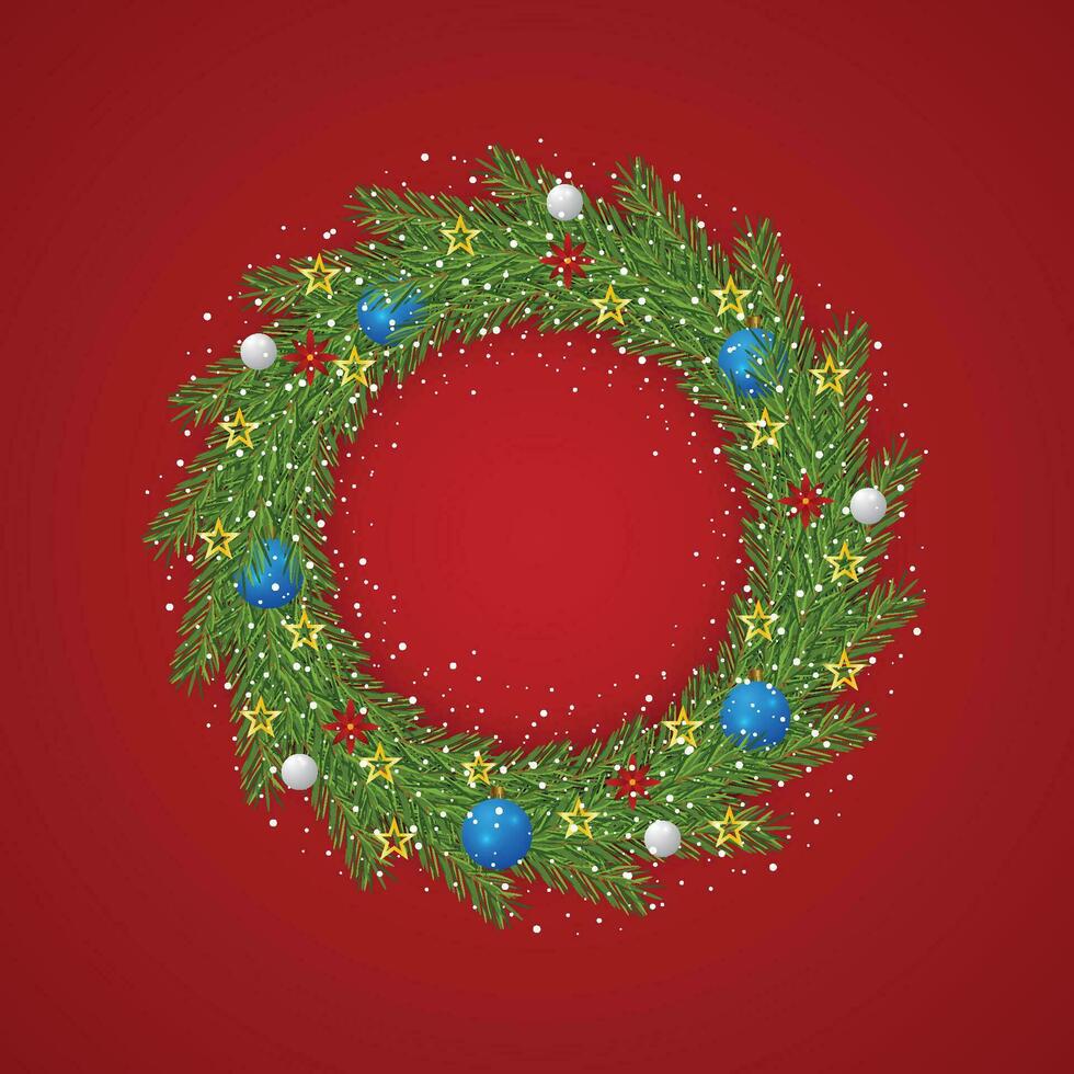 Realistic Christmas green wreath with blue and white balls with snow and a red background with golden stars and red flowers. vector