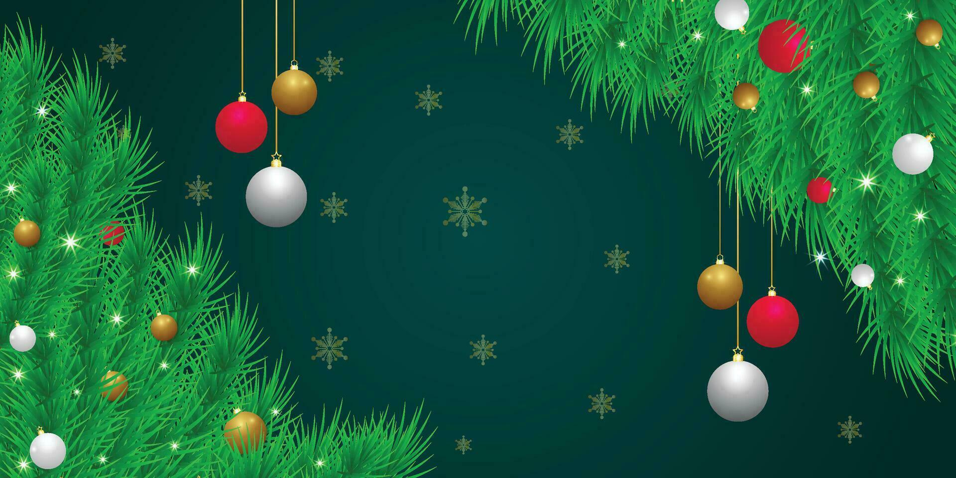 Realistic Christmas green leaf banner with red and white balls with lights and snowflakes. vector