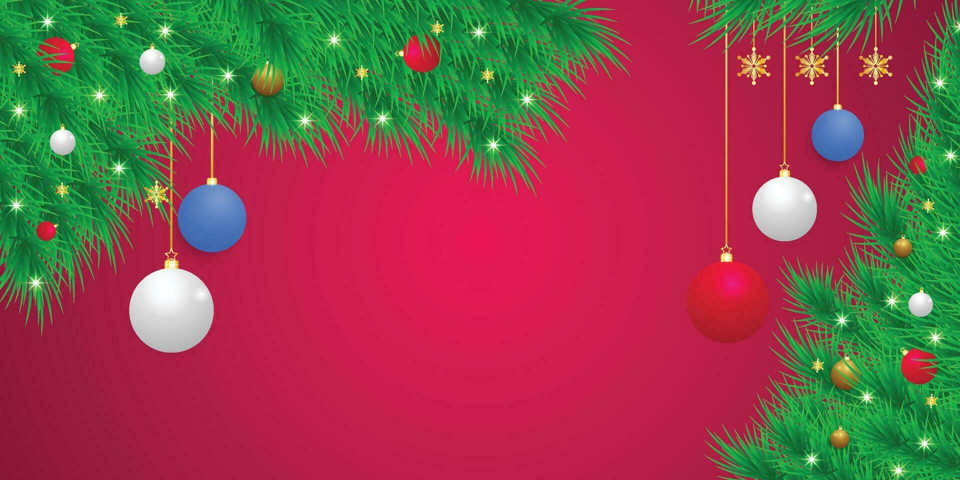 Realistic Christmas green leaf banner with blue and white balls with lights and snowflakes with red background. vector