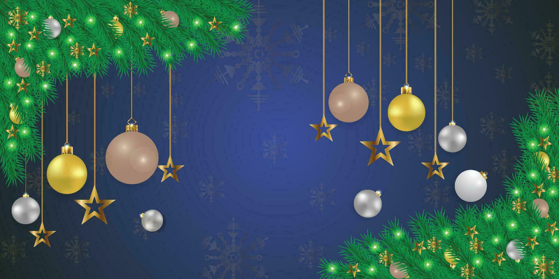 Realistic Christmas green leaf banner with golden and white balls with lights and golden stars with snowflakes and a green background. vector