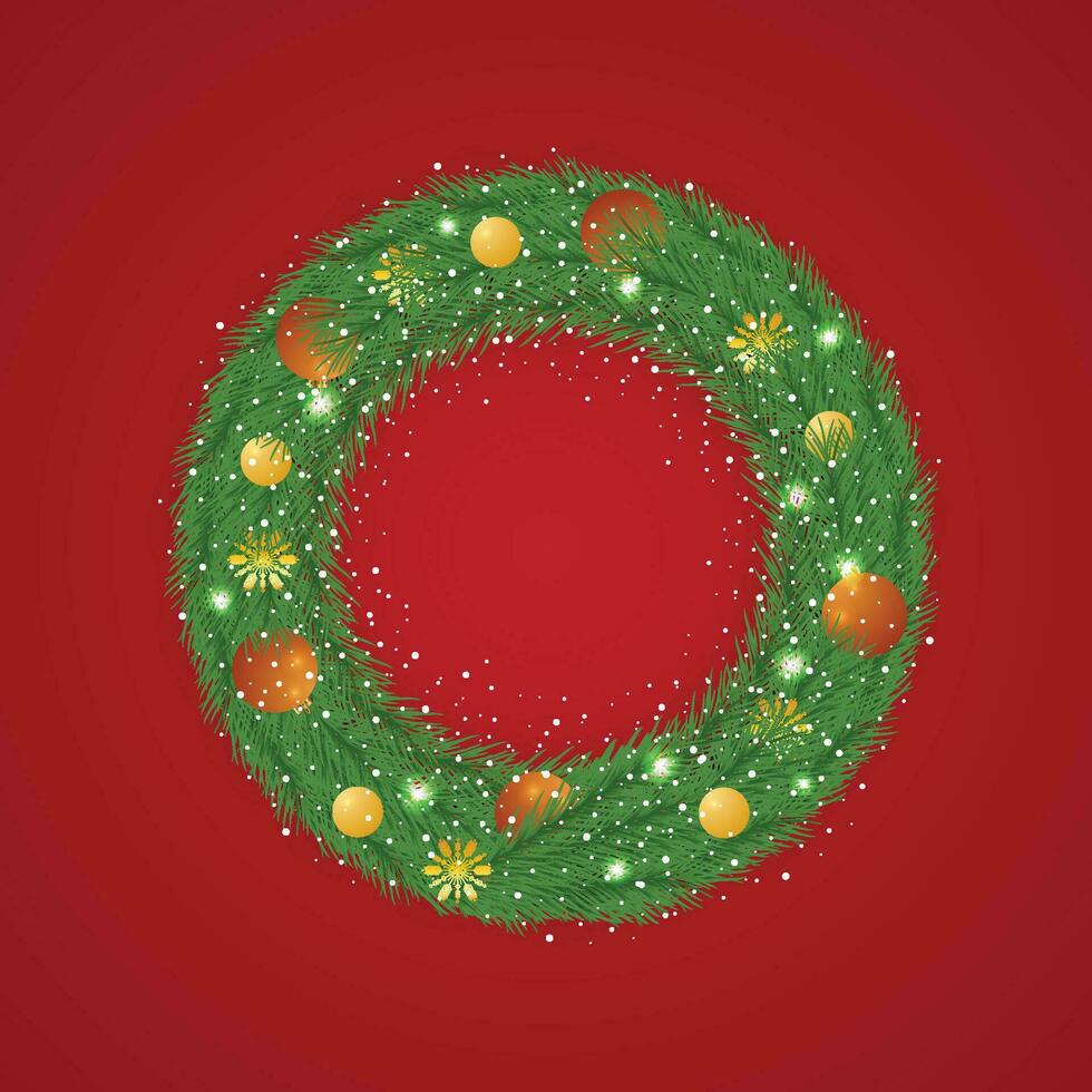 Realistic Christmas green wreath with golden and yellow ball and shows with red background and snowflake. vector