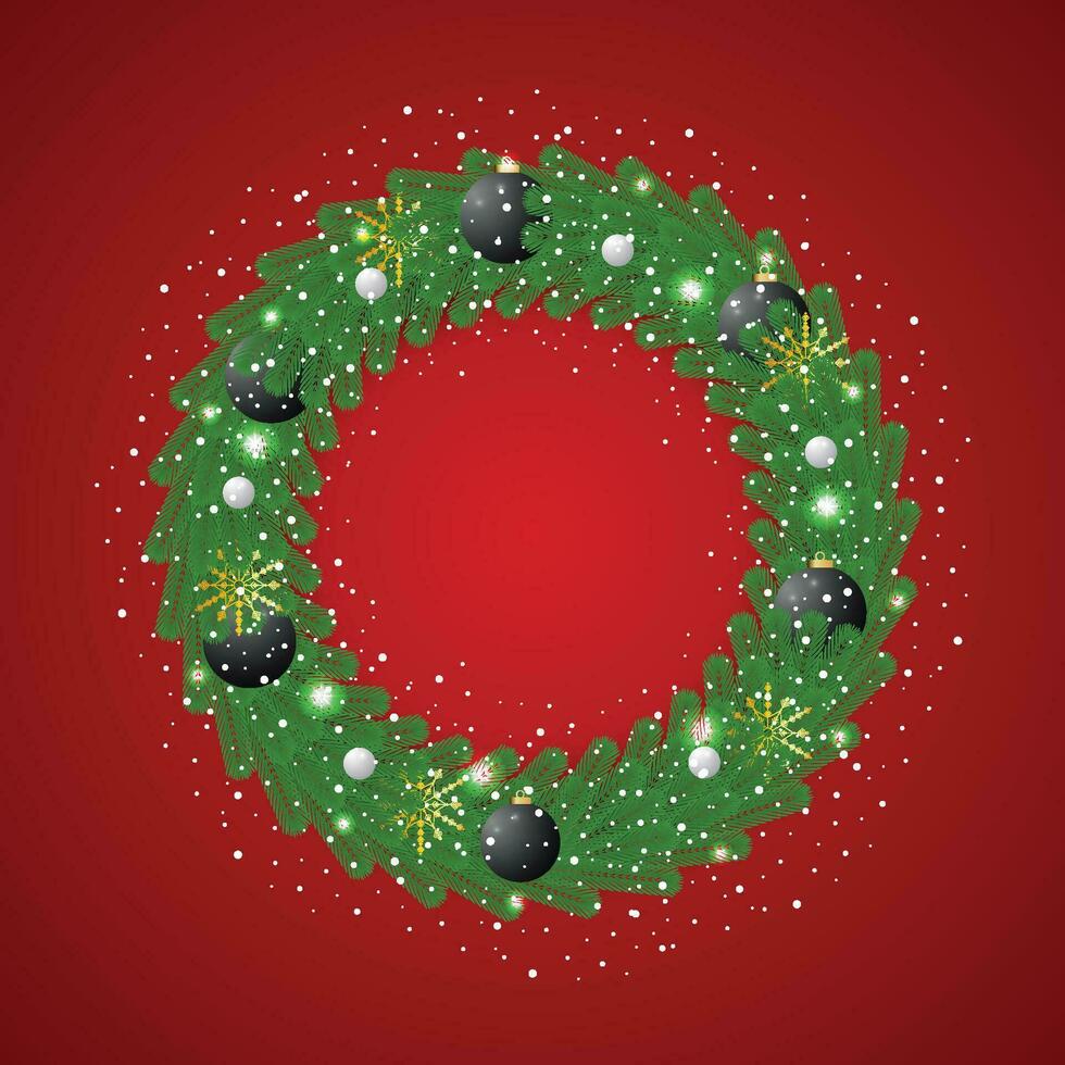 Realistic Christmas green wreath with black and white balls with Snow and Snowflake with light. vector