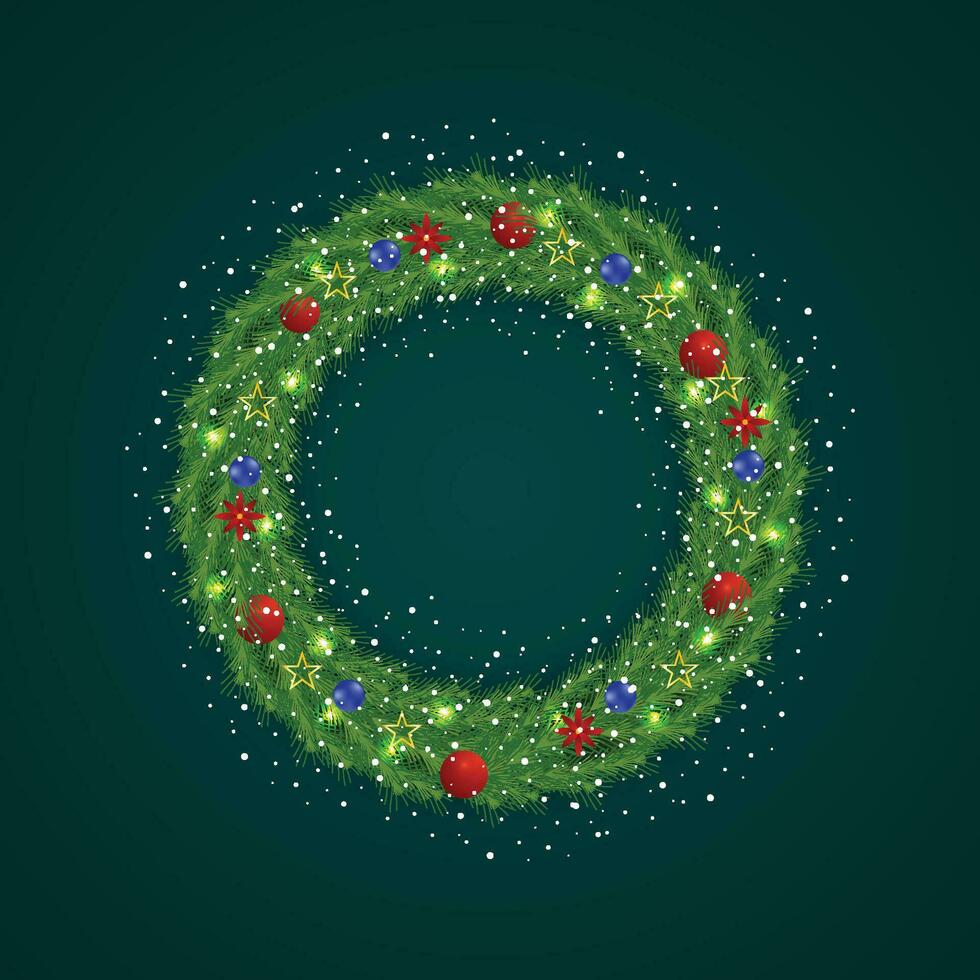 Realistic Christmas green wreath with red and blue balls with snow and red flowers with golden stars and golden lights. vector