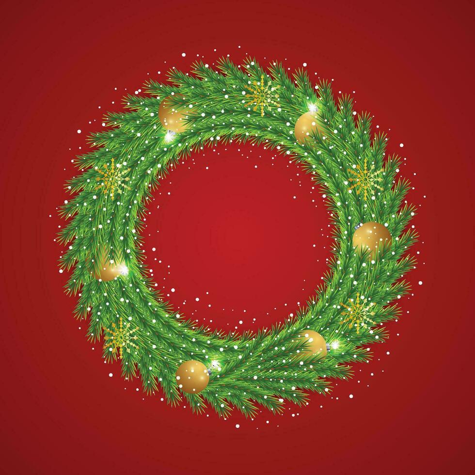 Christmas green wreath with green balls and Snow with light and Snowflake. vector