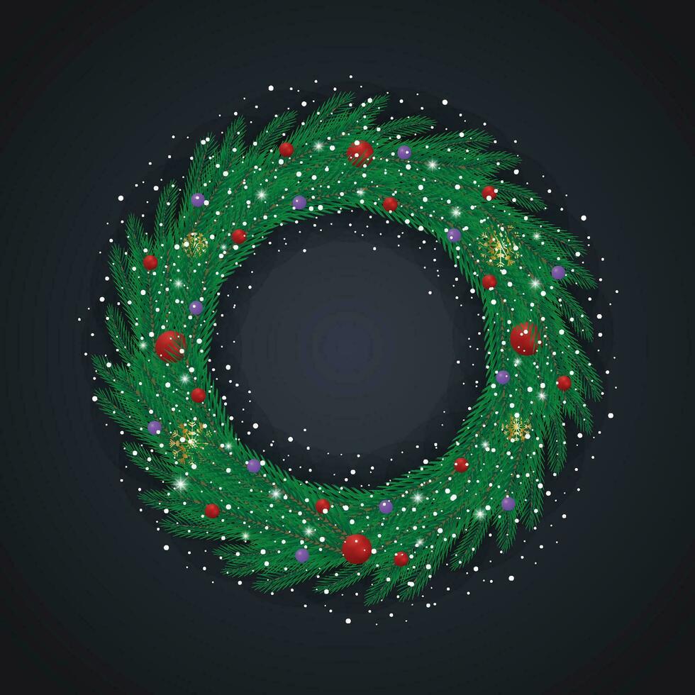 Realistic Christmas green wreath with red and blue balls with snow and snowflakes with lights. vector